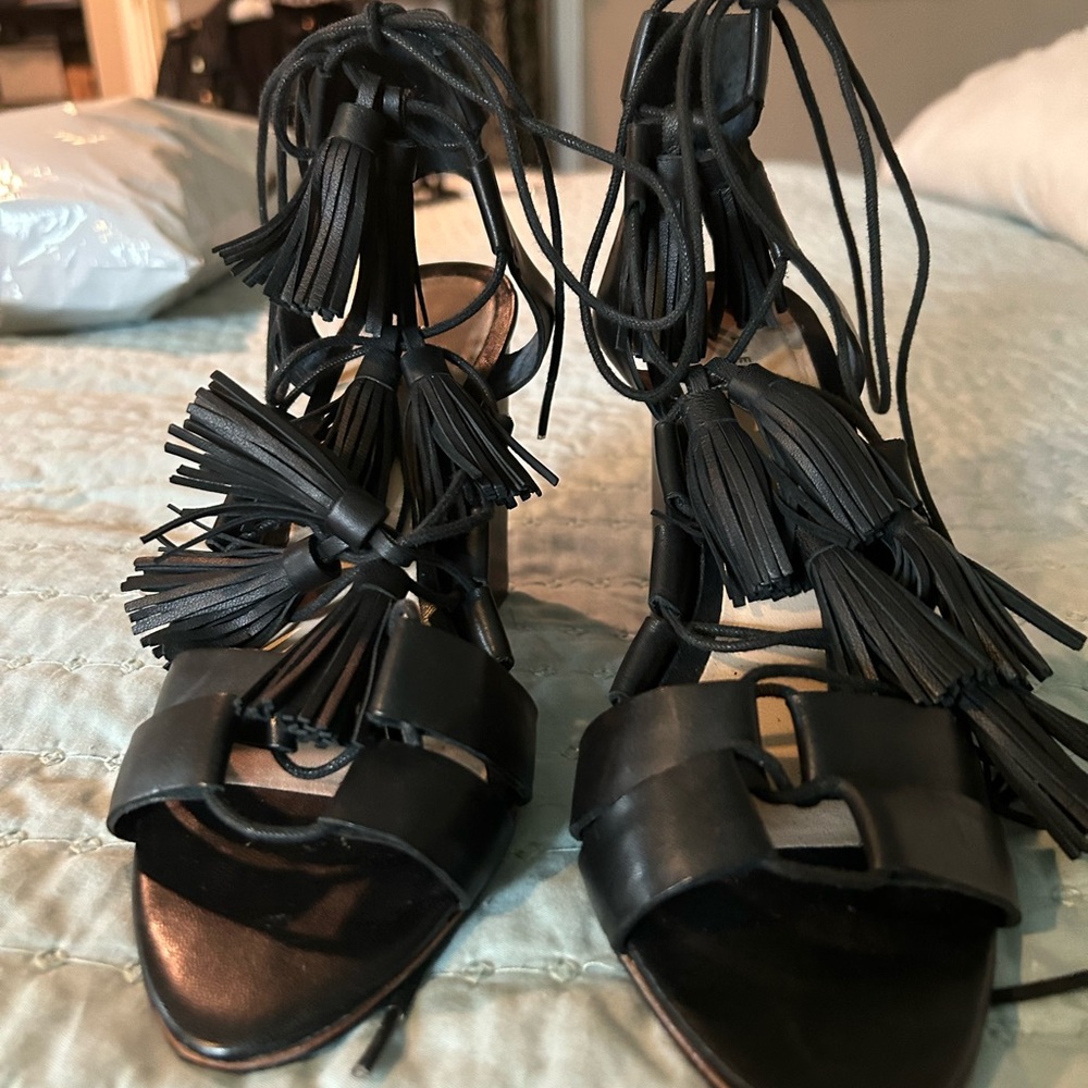 Loeffler Randall Black Leather Fringe Heels